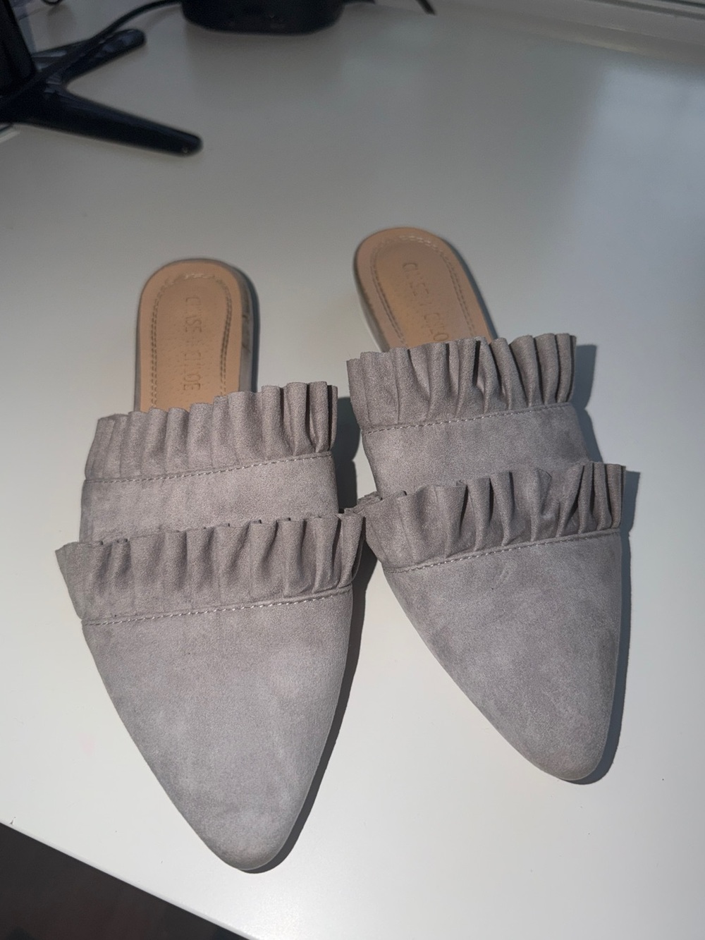 Chase + Chloe - Grey Suede Ruffle Slide Mules